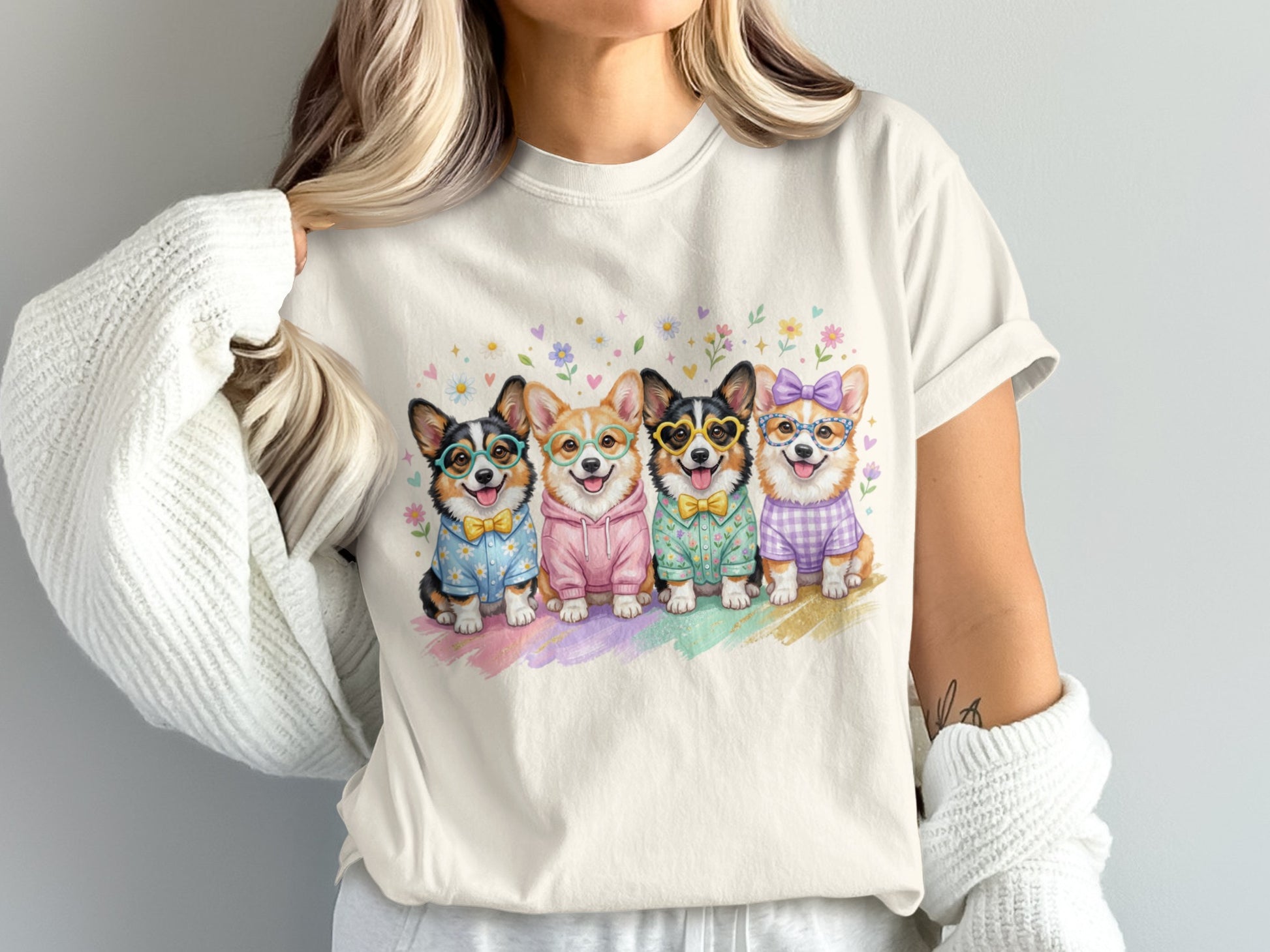 Four corgis in colorful sweaters and glasses pose on a pastel striped background.