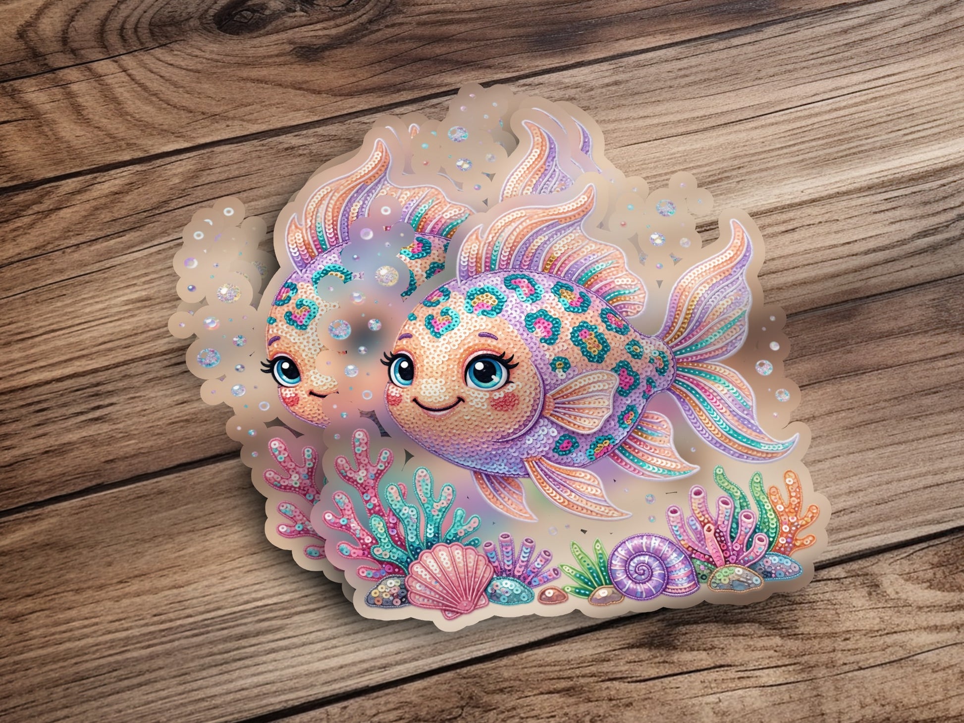 Two cute, colorful fish stickers with sparkly details on a wooden background.