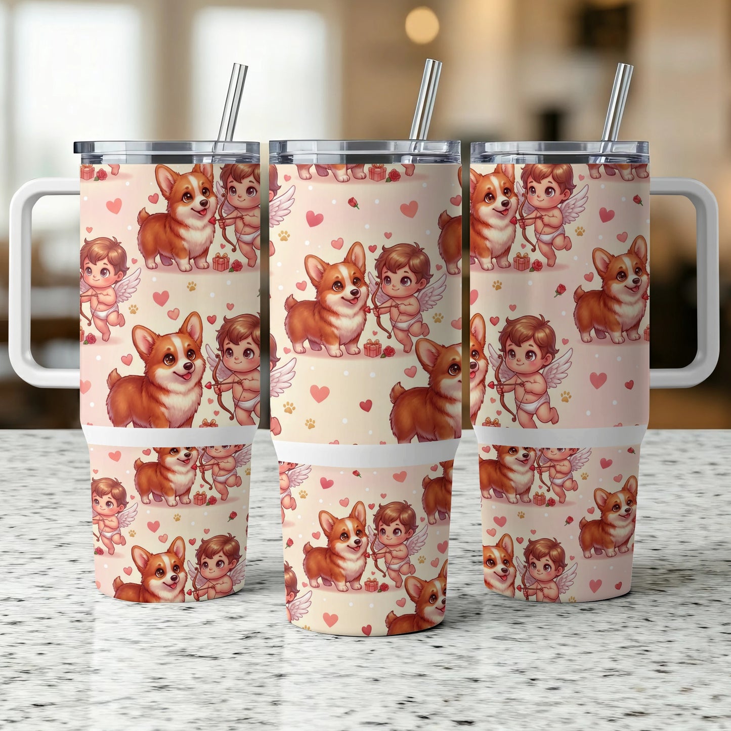 Three tumblers with corgi puppies and cupids on a pink heart pattern.