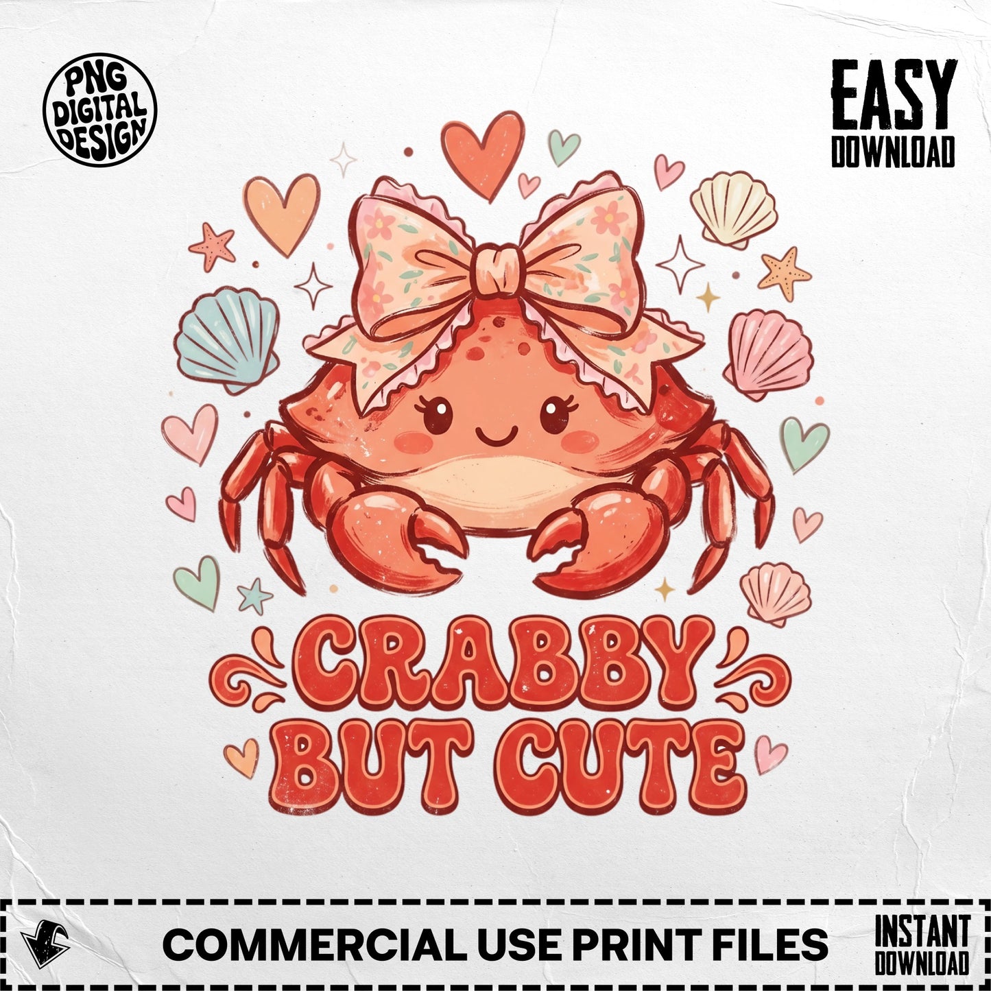 Cute cartoon crab with bow, "Crabby But Cute" text, and seashells.