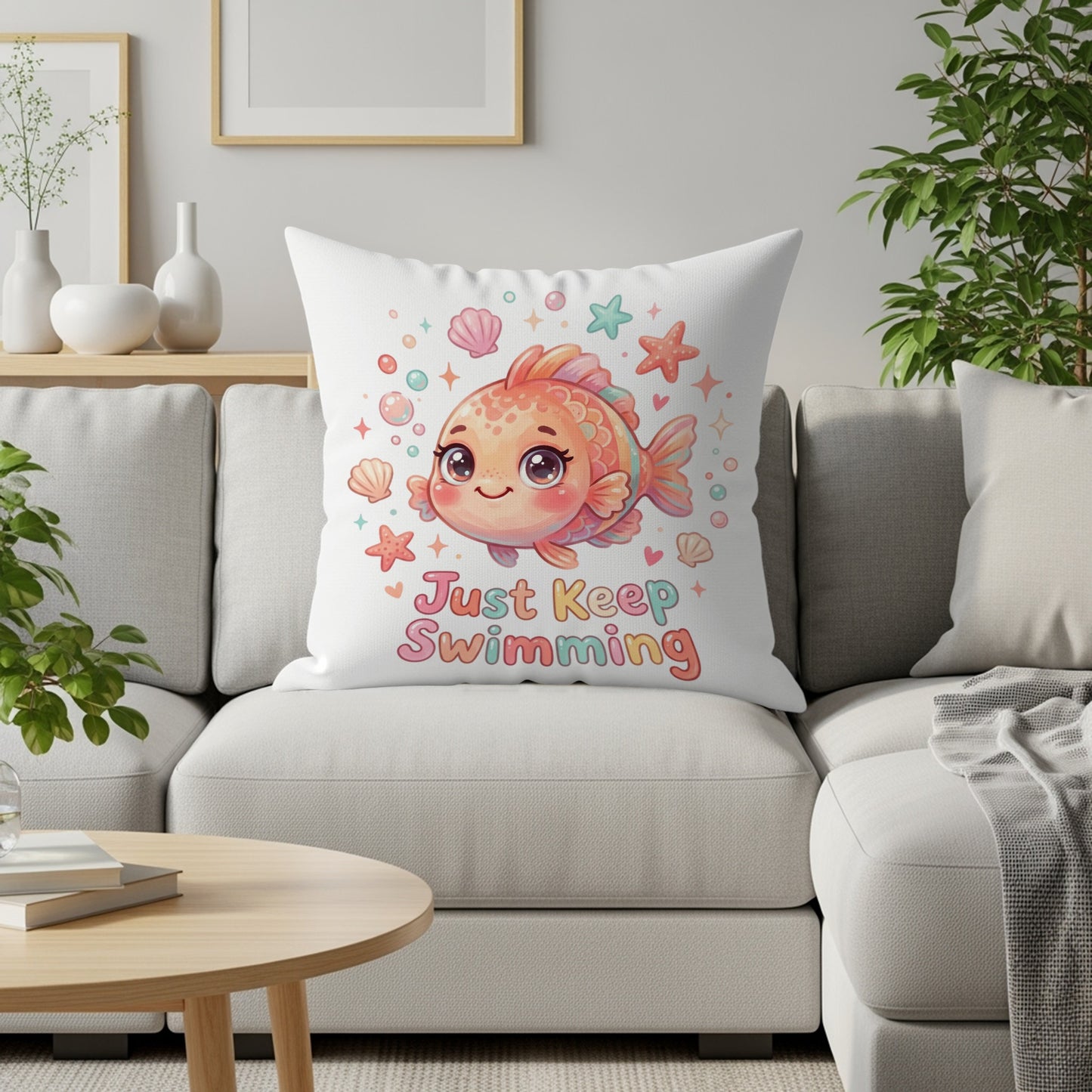Cute cartoon fish on pillow with "Just Keep Swimming" text.