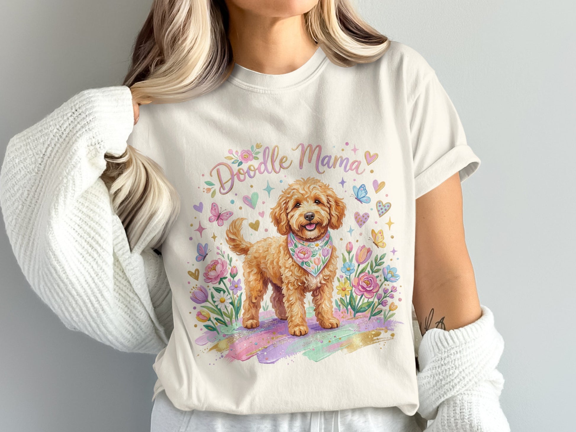 White t-shirt with "Doodle Mama" and watercolor doodle dog graphic.