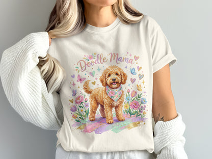 White t-shirt with "Doodle Mama" and watercolor doodle dog graphic.