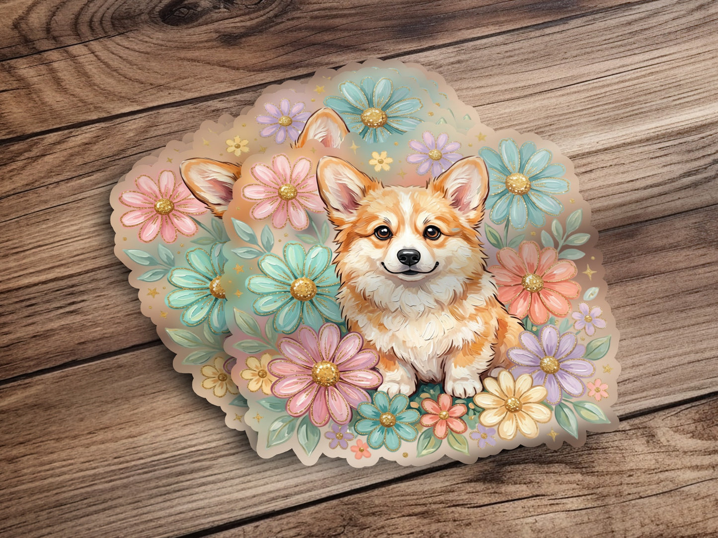 Corgi surrounded by colorful pastel flowers on a wooden background.