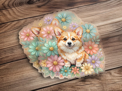 Corgi surrounded by colorful pastel flowers on a wooden background.