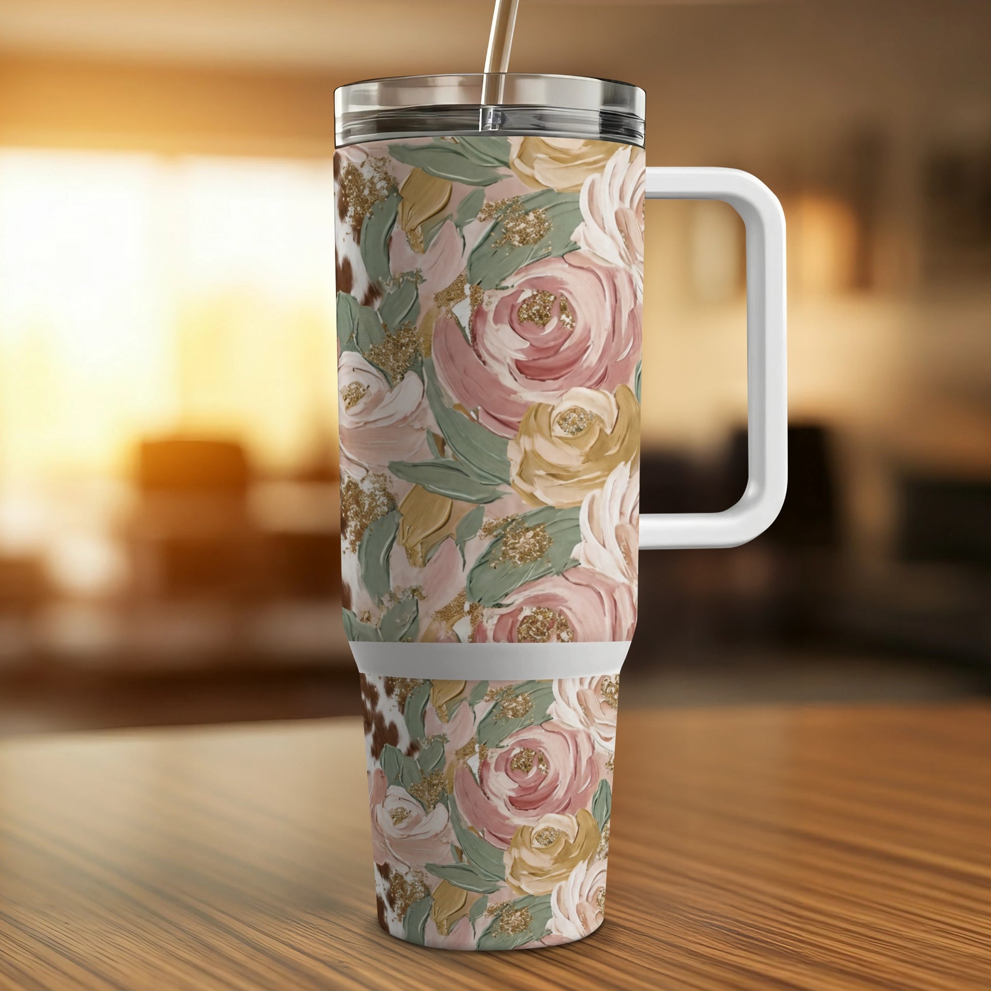 30 oz tumbler with pink and gold rose floral design and white handle.
