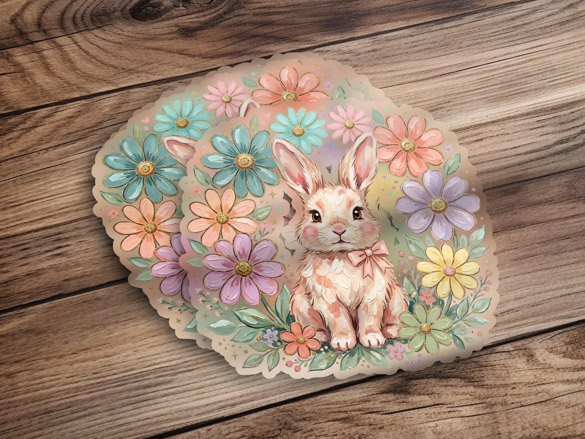 Pink bunny sitting amongst pastel floral arrangement on wooden background.