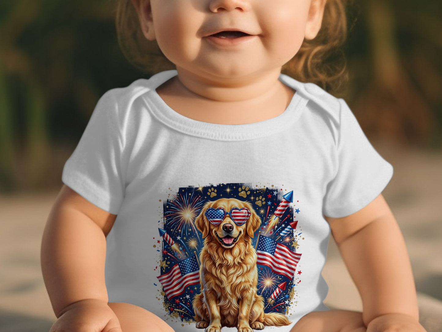 Baby in white onesie with golden retriever wearing American flag sunglasses.