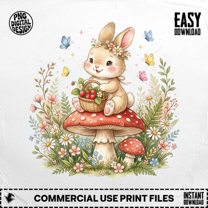 Cute cartoon bunny with flowers in basket sits on a mushroom.