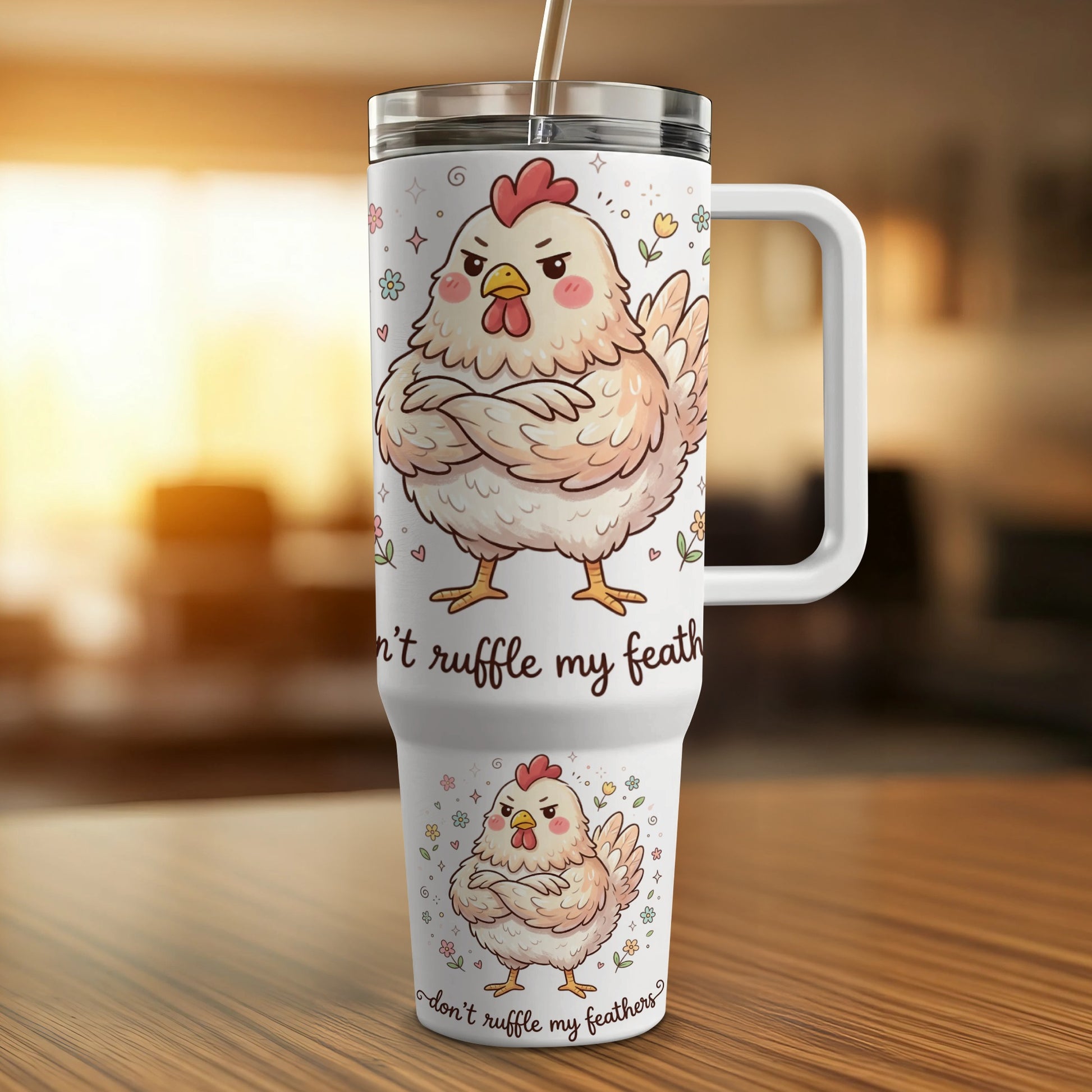 Humorous chicken graphic and text on a white insulated travel mug with handle.