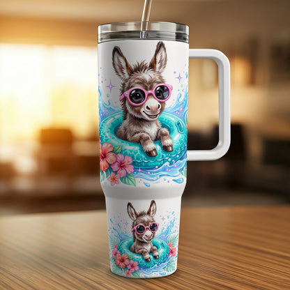 Cute cartoon donkey in pink sunglasses floats in a pool with flowers.