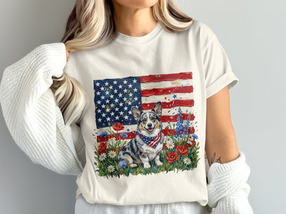 Corgi in bandana sits in front of watercolor American flag and flowers.
