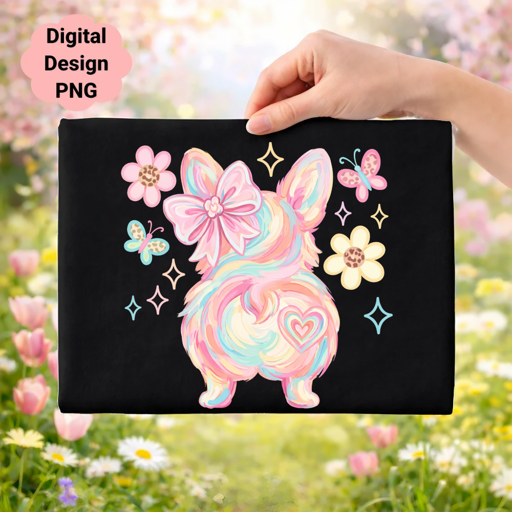 Pastel corgi butt with flowers and butterflies on a black background.
