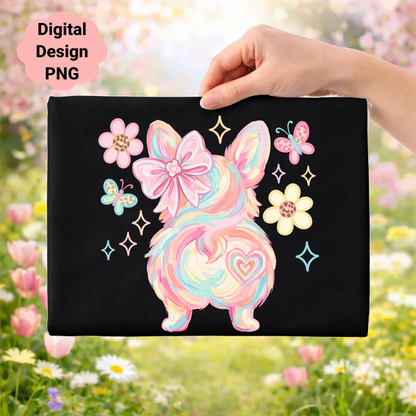 Pastel corgi butt with flowers and butterflies on a black background.
