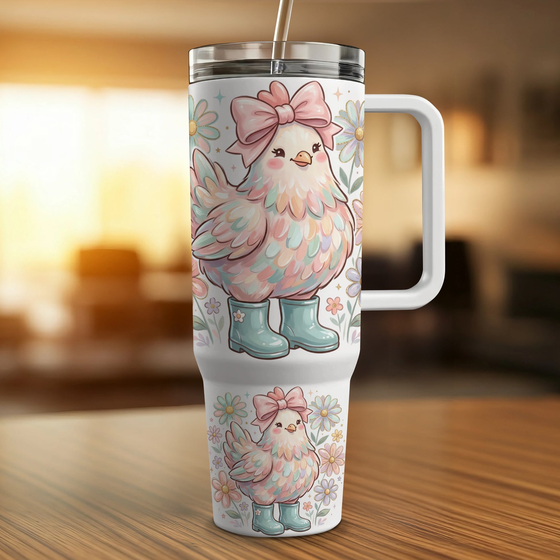 Cute pastel chicken in rain boots with a bow, on a tumbler.