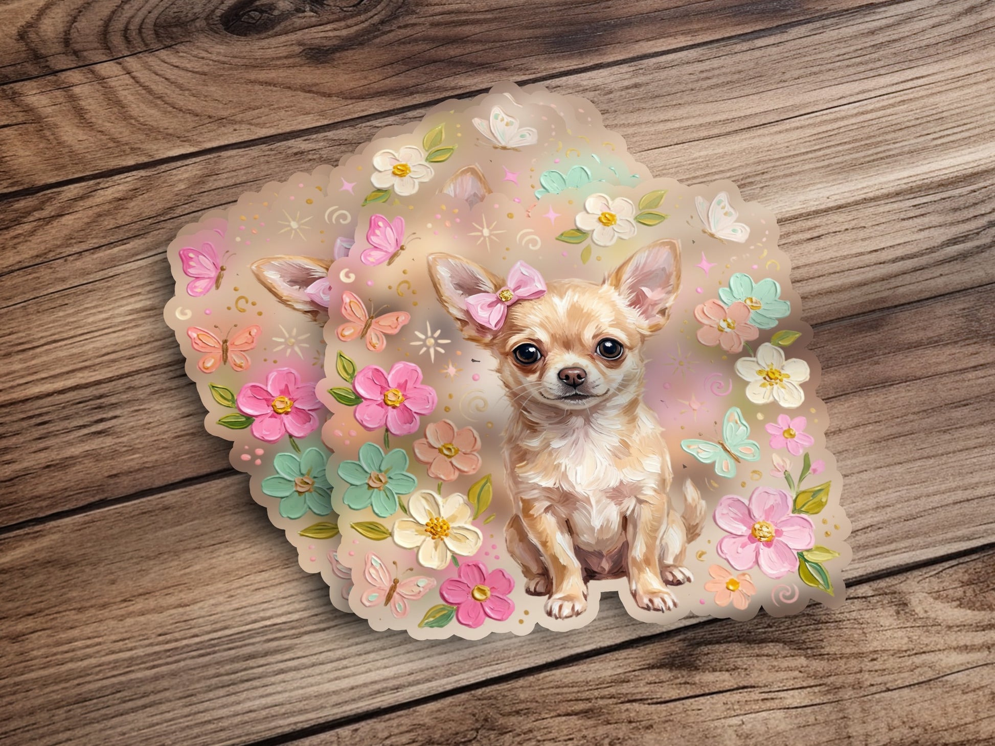 Chihuahua puppy with flowers and butterflies on a wooden background.