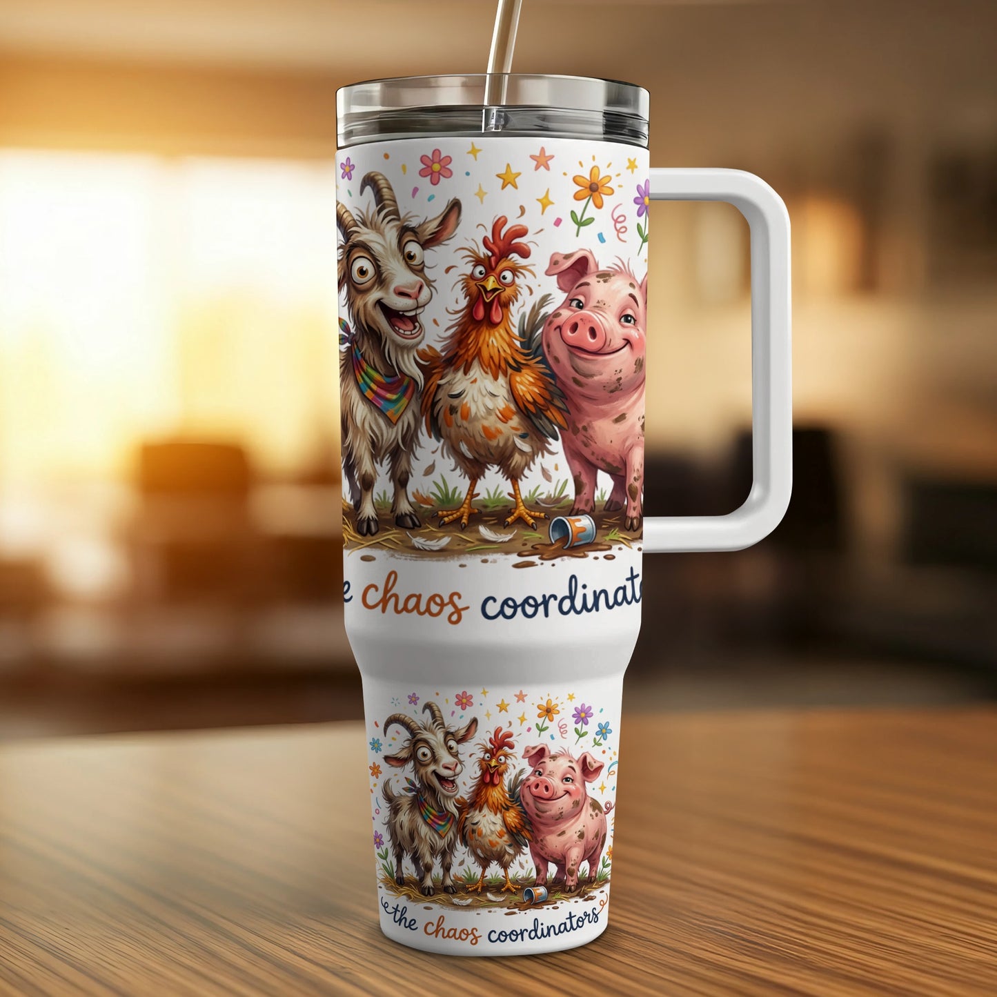 White tumbler with cartoon goats and pigs, "Chaos Coordinators" text.