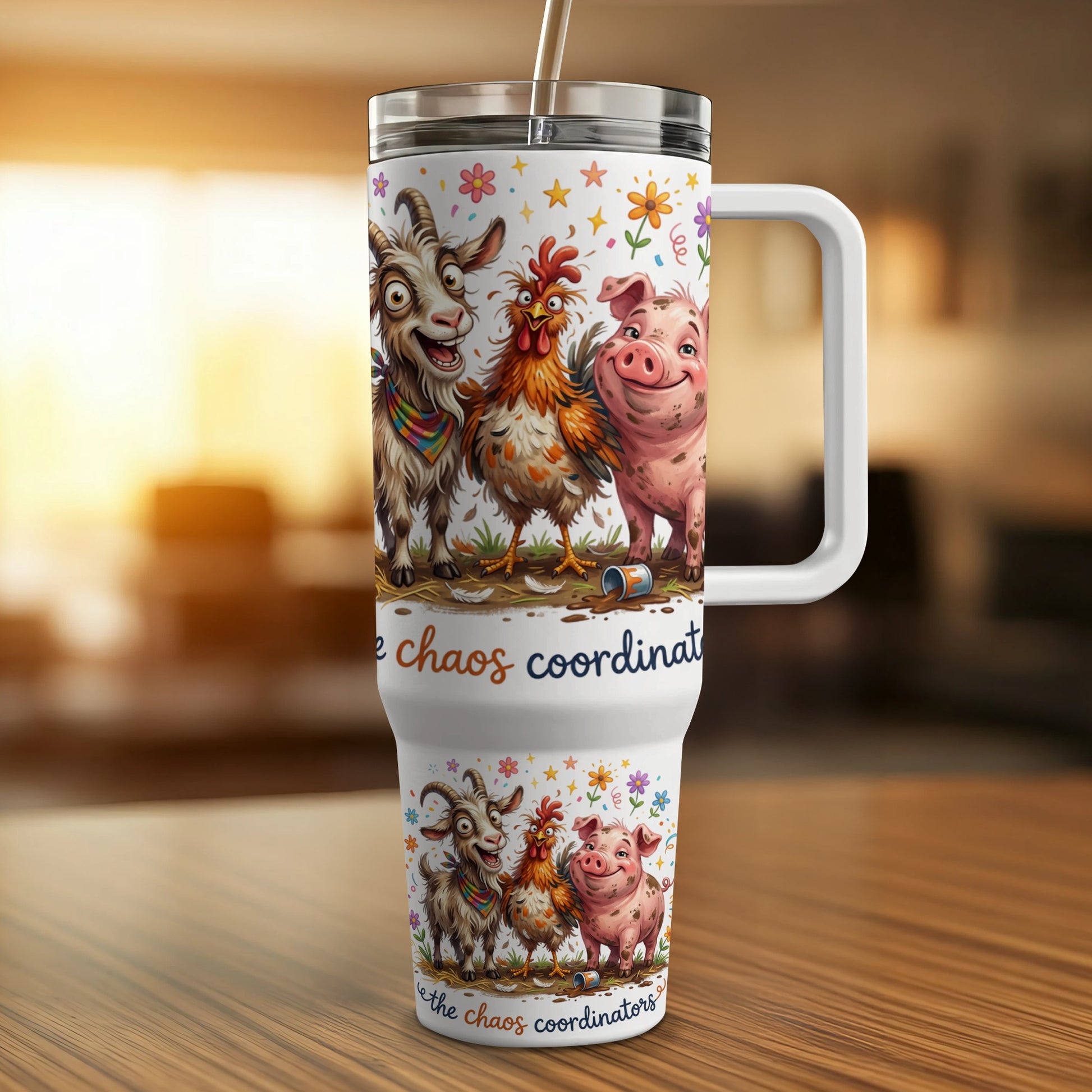White tumbler with cartoon goats and pigs, "Chaos Coordinators" text.