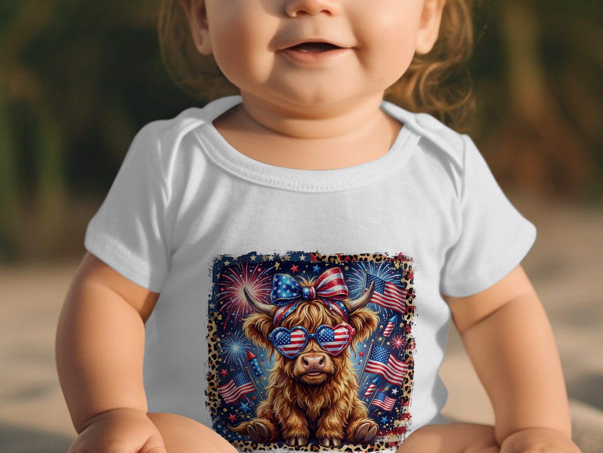 Baby wearing white bodysuit with patriotic cow graphic, sunglasses, and fireworks.