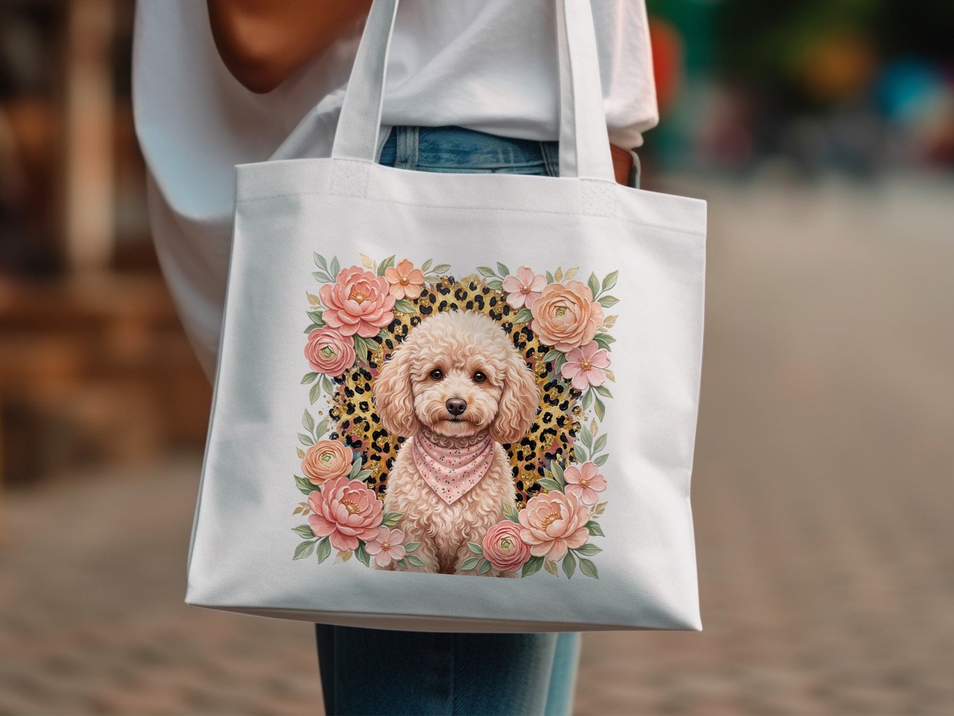 White canvas tote bag featuring a poodle illustration surrounded by floral accents.