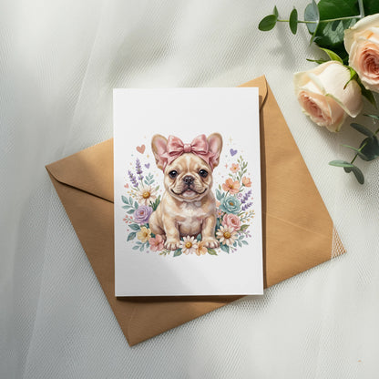French bulldog puppy with a pink bow on a greeting card surrounded by flowers.