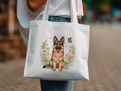 German Shepherd on white tote bag with floral wreath and butterfly.