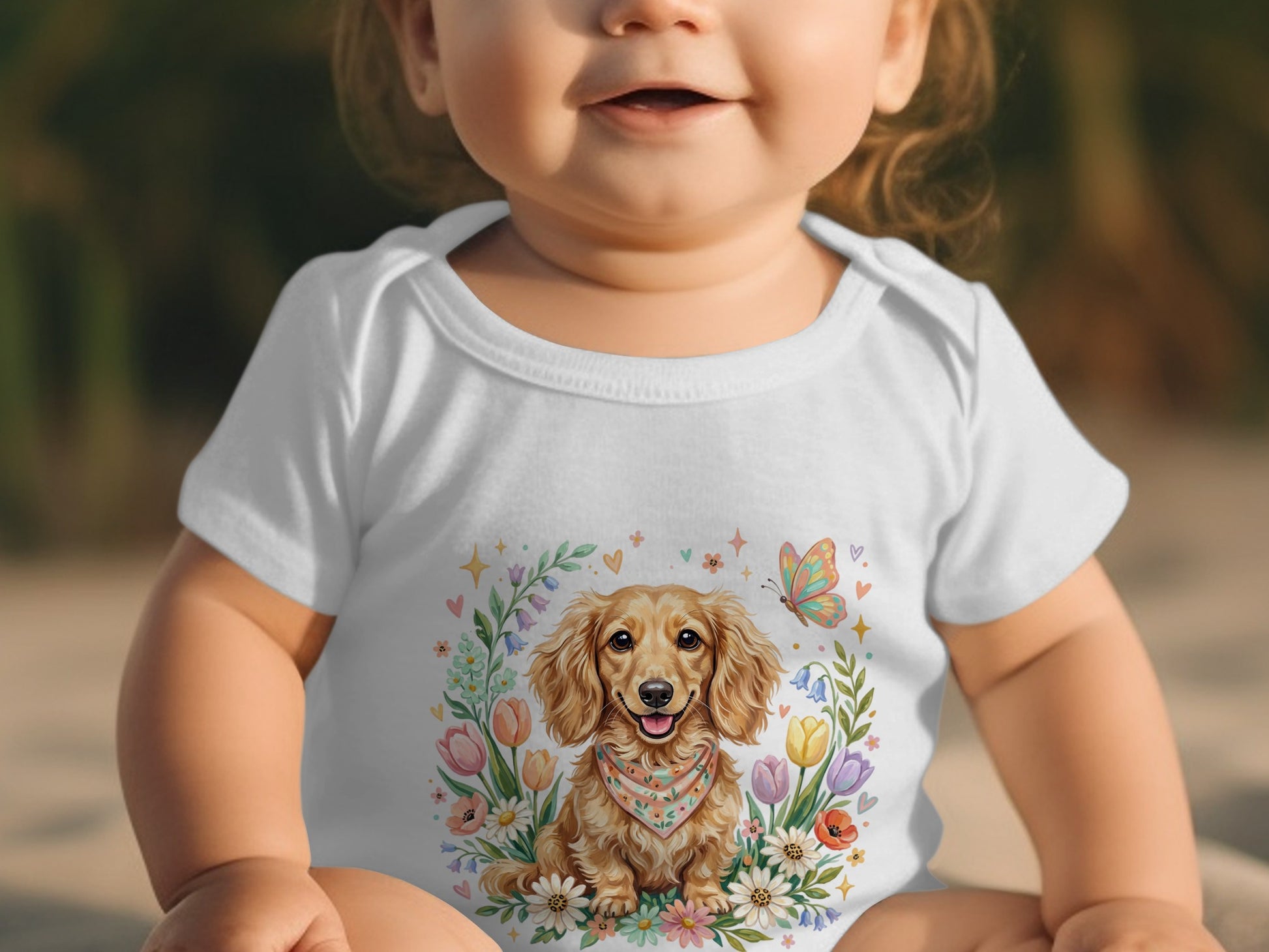 Baby wearing white onesie with a dachshund and floral print.