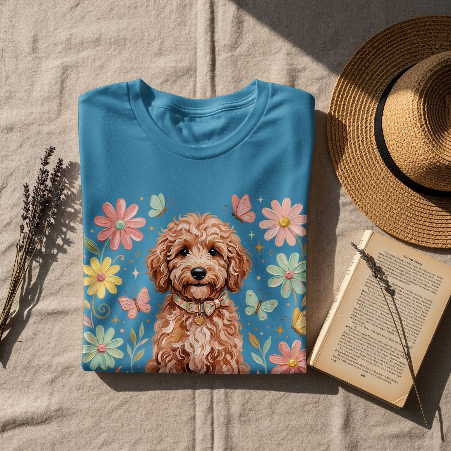 Teal t-shirt with a doodle dog and floral butterfly design.