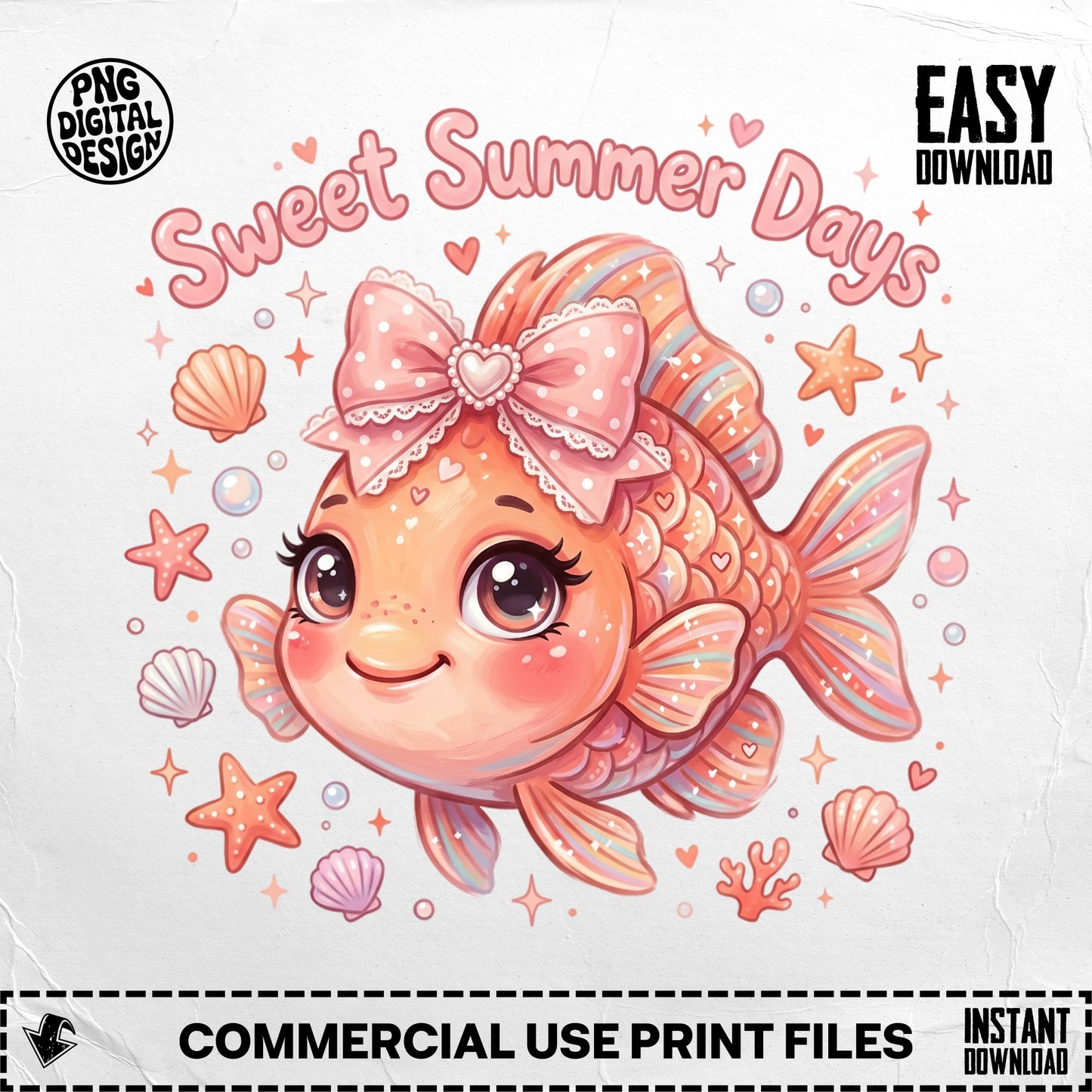 Cute cartoon fish with "Sweet Summer Days" text.