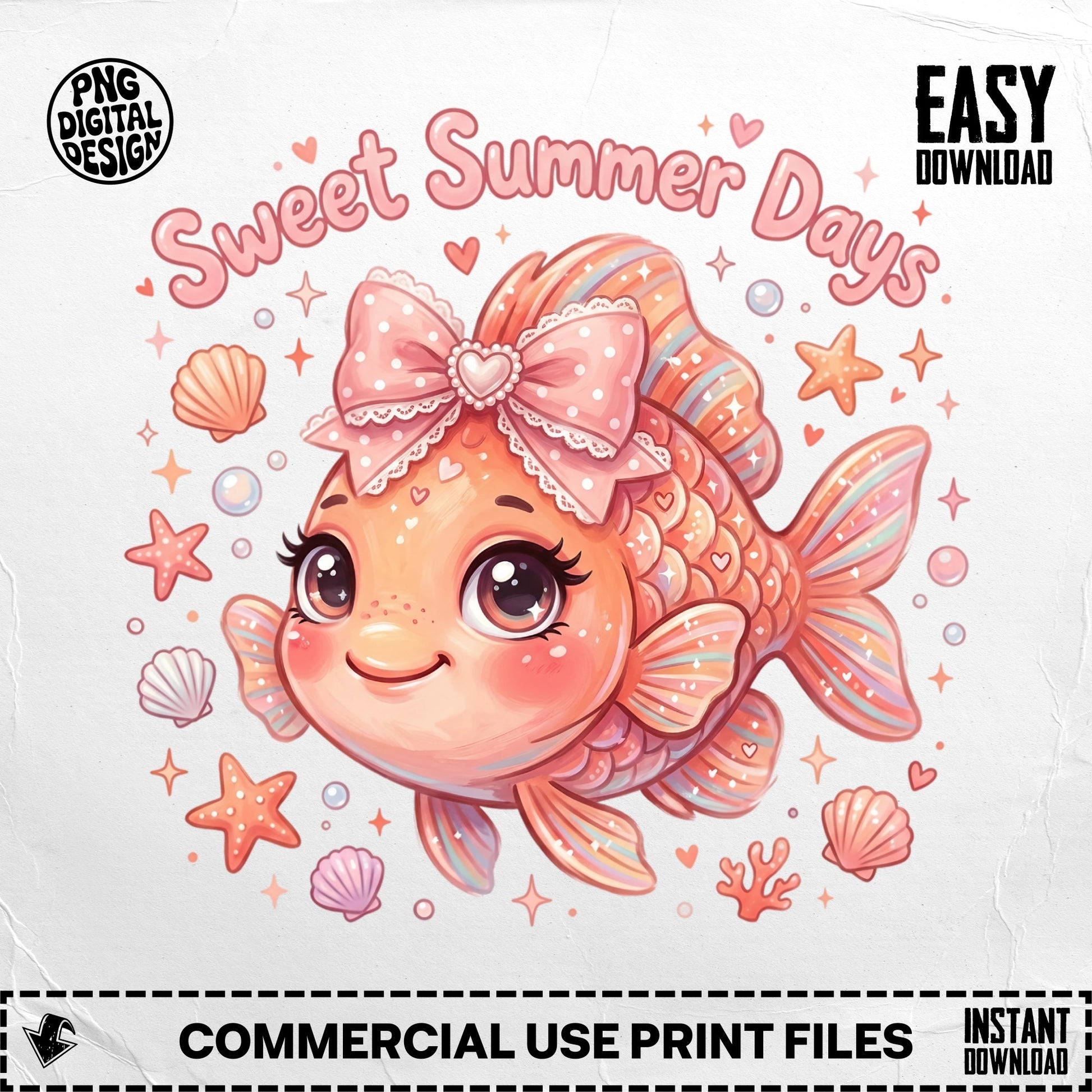 Cute cartoon fish with "Sweet Summer Days" text.