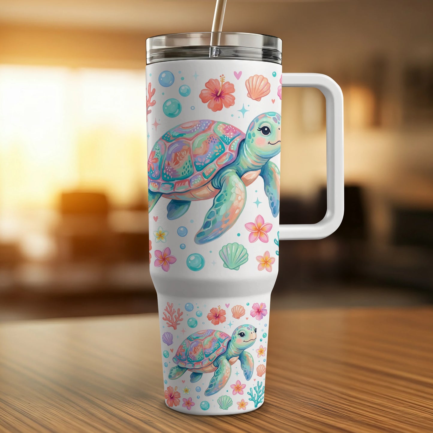 Colorful sea turtles and seashells pattern on a white tumbler with handle.