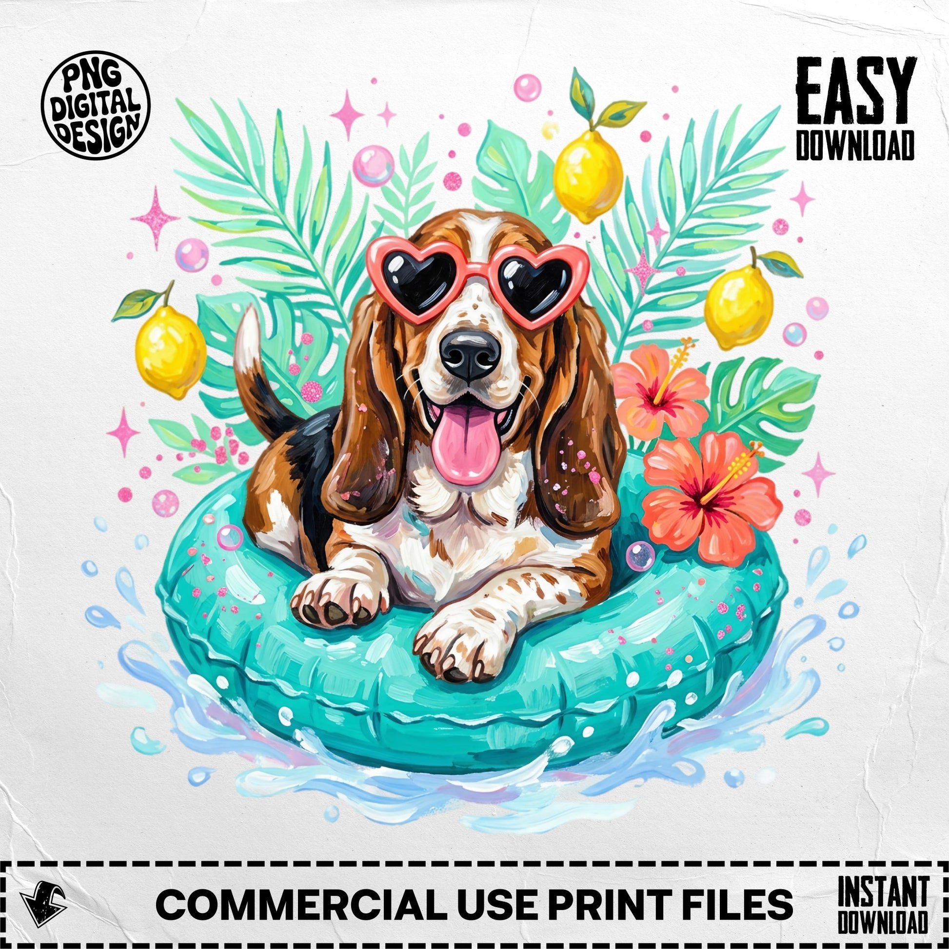 Beagle in heart-shaped sunglasses floats on inner tube with tropical leaves and lemons.