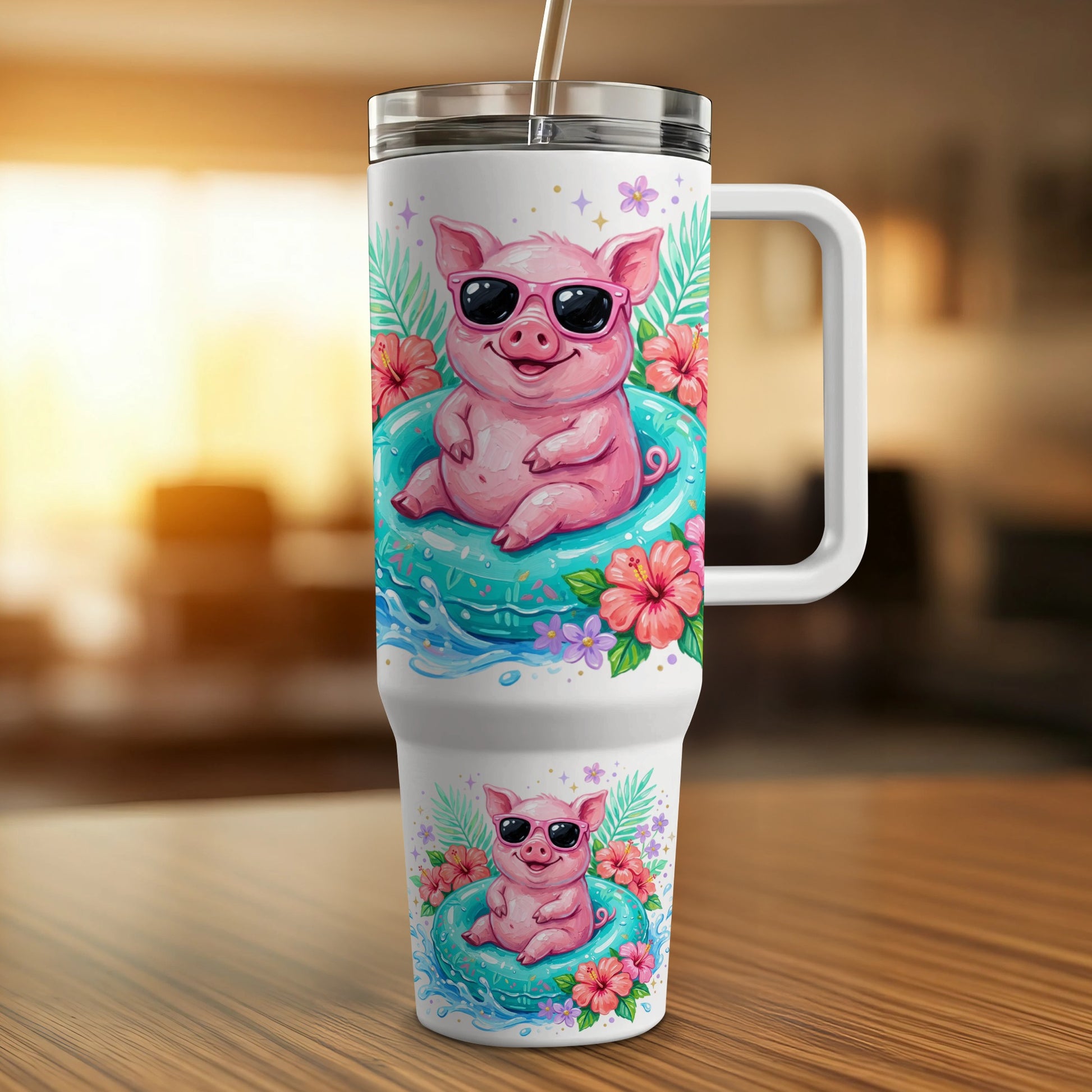 Pink pig in sunglasses on a pool float, with tropical flowers.
