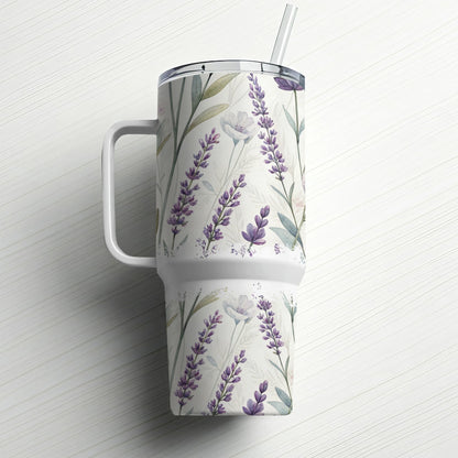White tumbler with a lavender floral pattern and a straw.