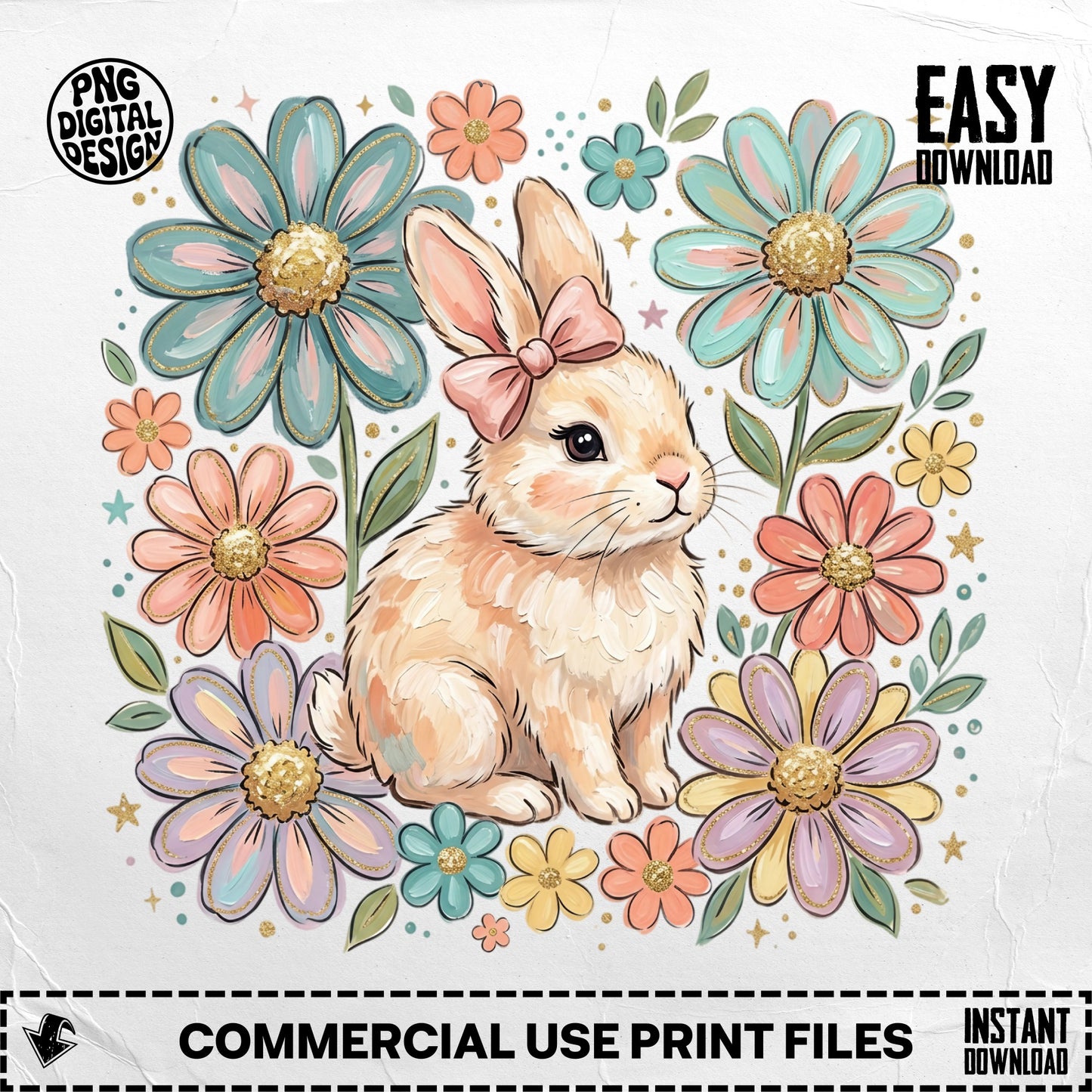 Cute bunny with floral border, "Easy Download" and "Commercial Use Print Files" text.
