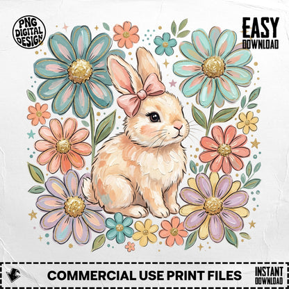 Cute bunny with floral border, "Easy Download" and "Commercial Use Print Files" text.