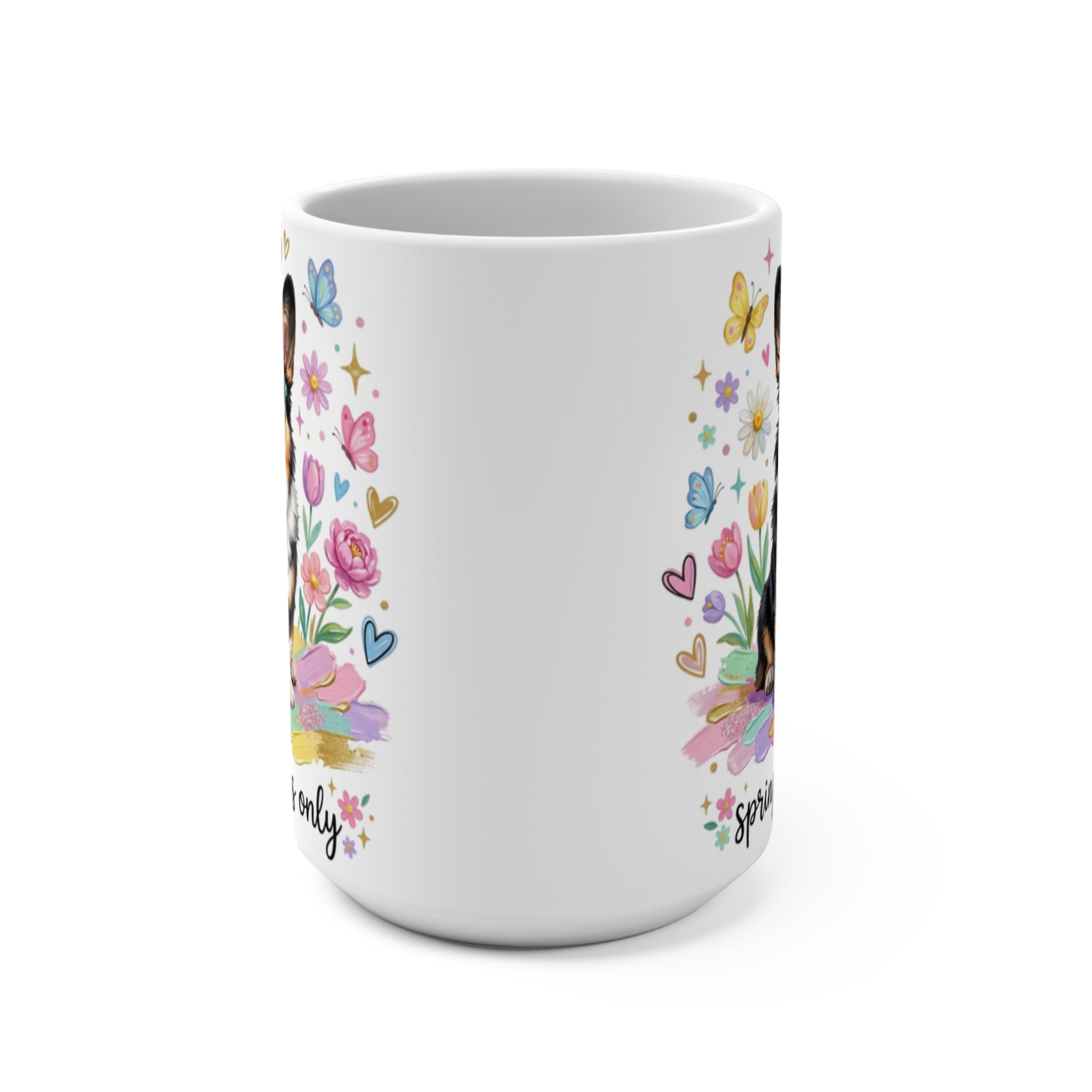 White mug with repeating print of a dog surrounded by butterflies and flowers.