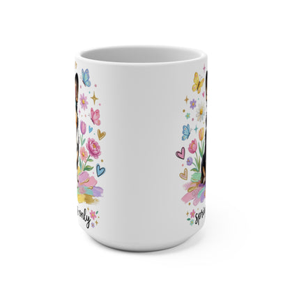 White mug with repeating print of a dog surrounded by butterflies and flowers.