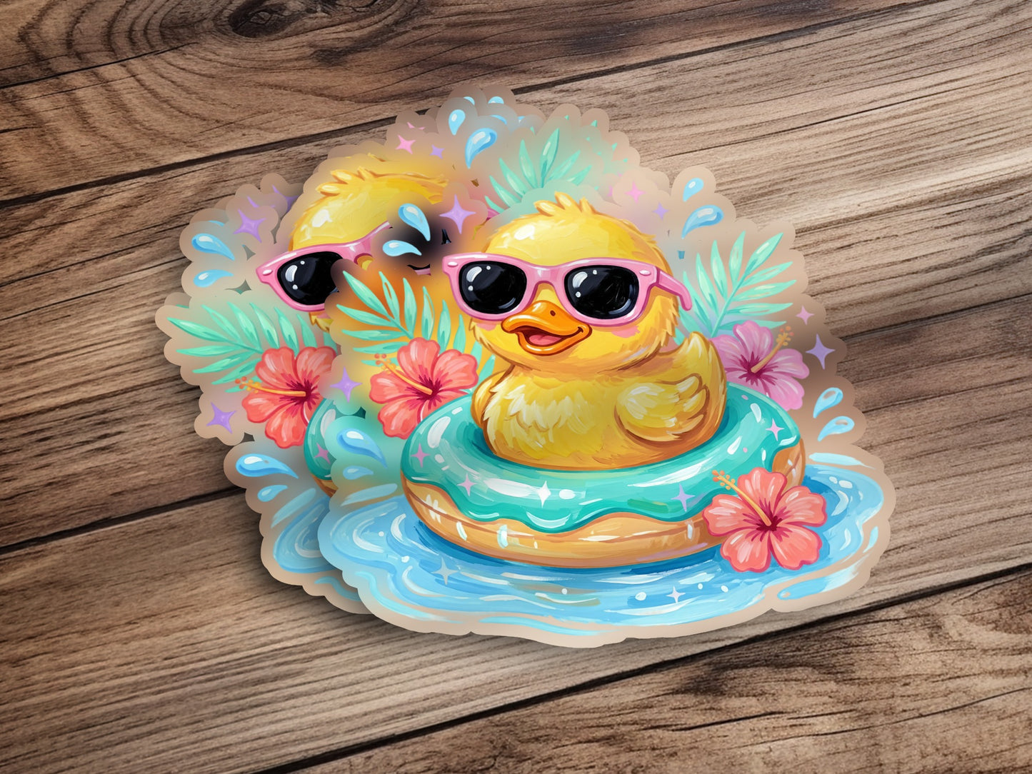 Smiling rubber duck wearing sunglasses floats in a pool.