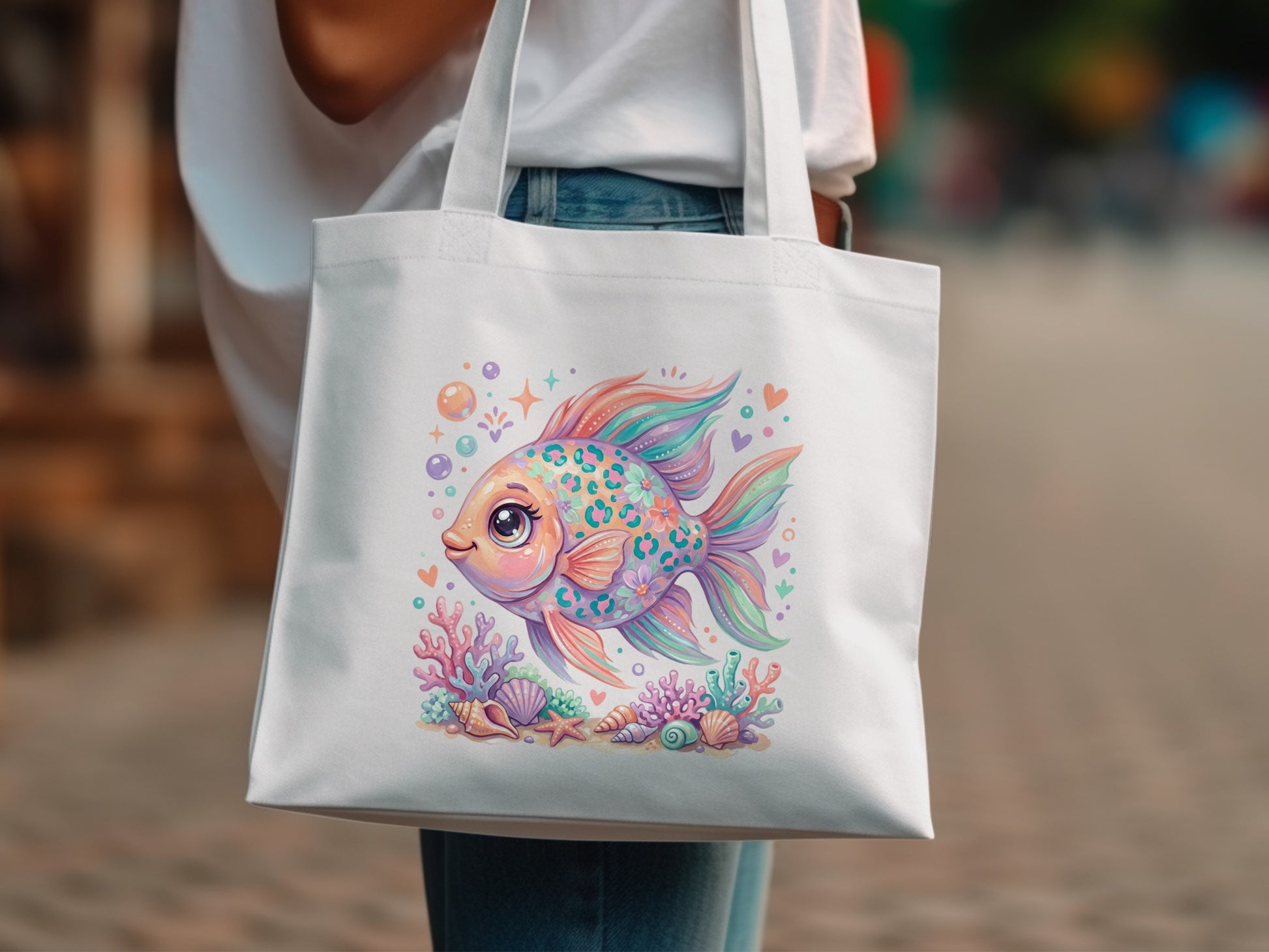 White tote bag with colorful fish and underwater scene illustration.
