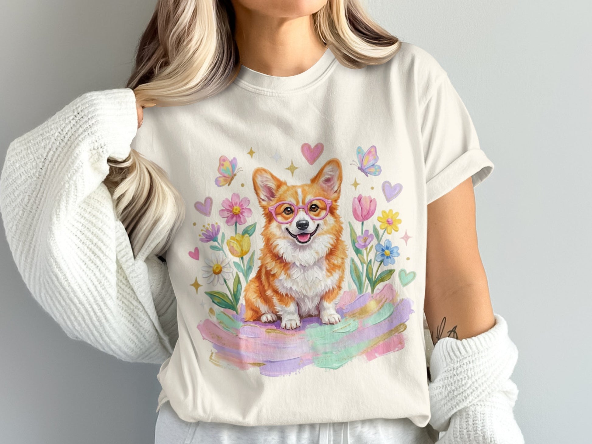 Corgi wearing pink glasses surrounded by pastel flowers and butterflies.