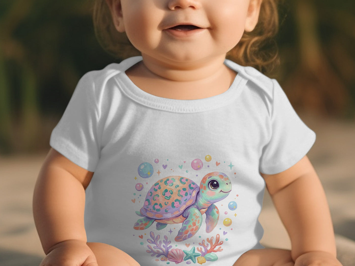 Baby in white onesie with a cute cartoon sea turtle and bubbles design.