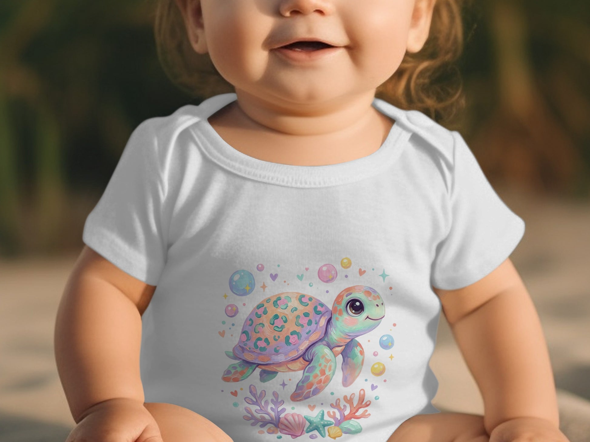 Baby in white onesie with a cute cartoon sea turtle and bubbles design.