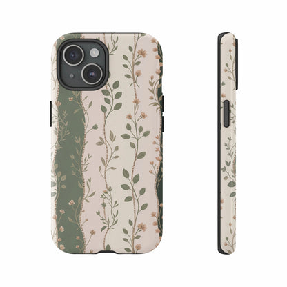 Floral patterned iPhone case in light green and cream with a vertical stripe design.