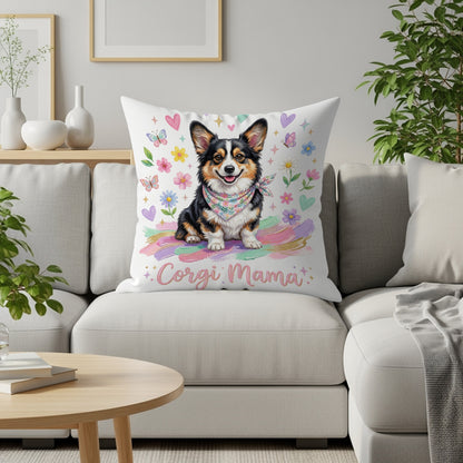 Corgi Mama pillow with colorful hearts and butterflies on a couch.