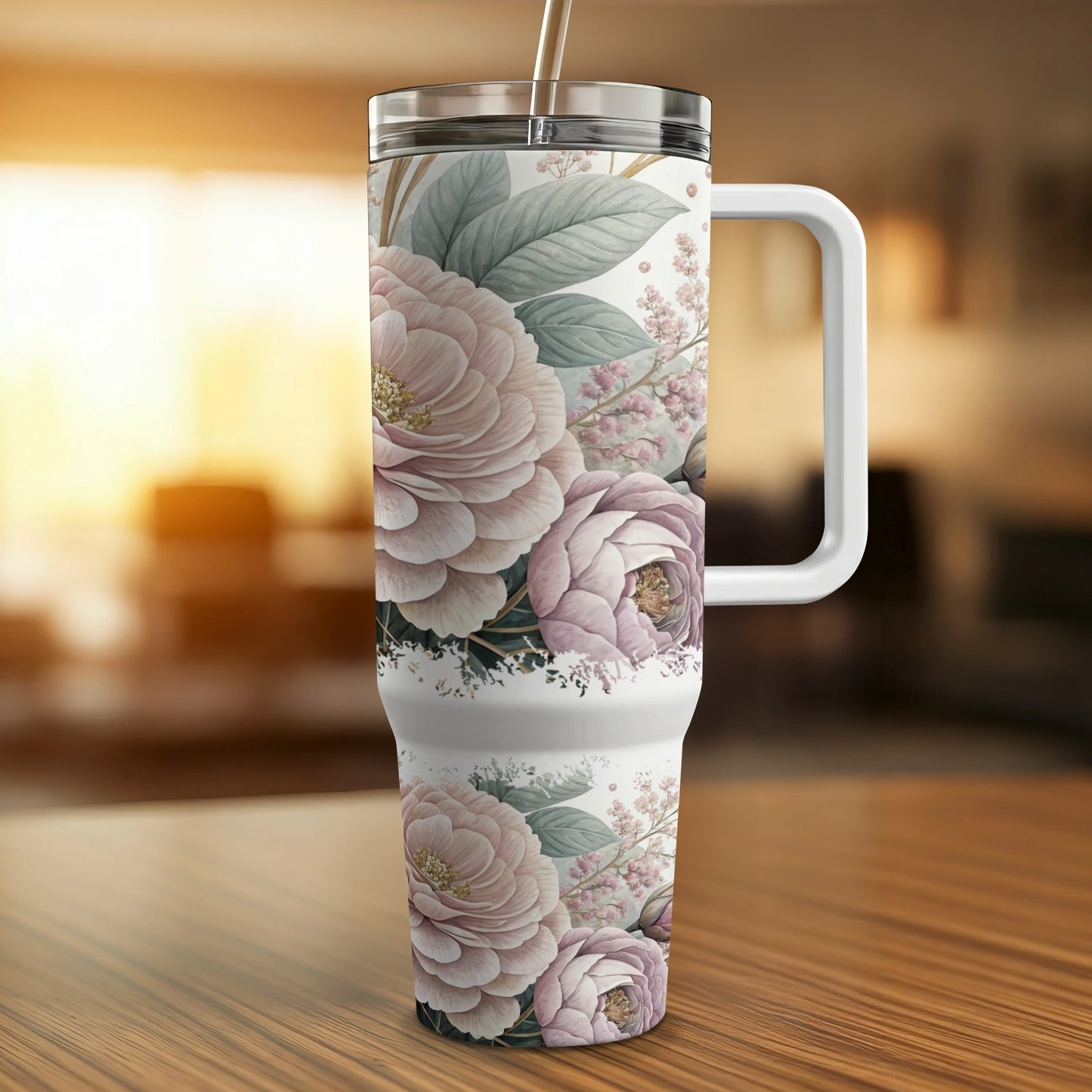 White travel tumbler with pink floral design and handle.