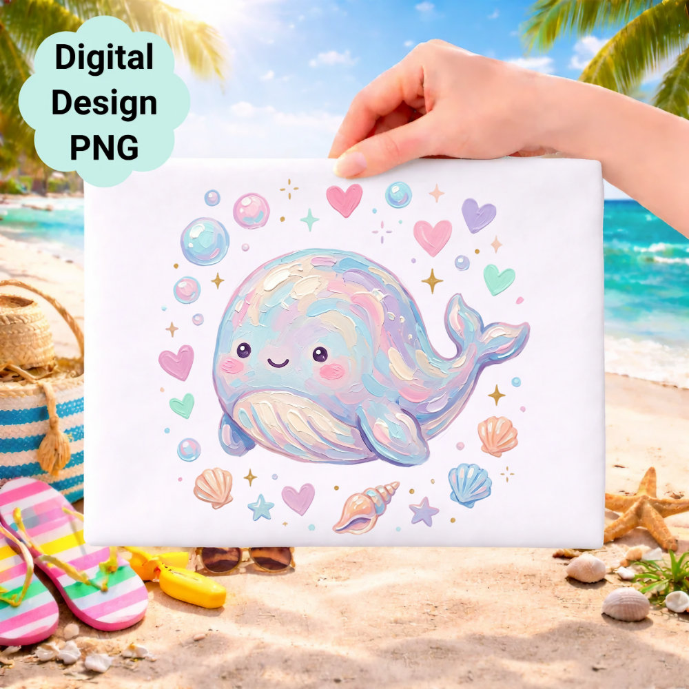 Cute pastel whale illustration with bubbles and seashells on a beach background.