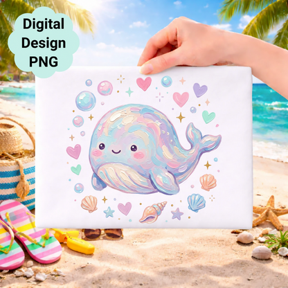 Cute pastel whale illustration with bubbles and seashells on a beach background.