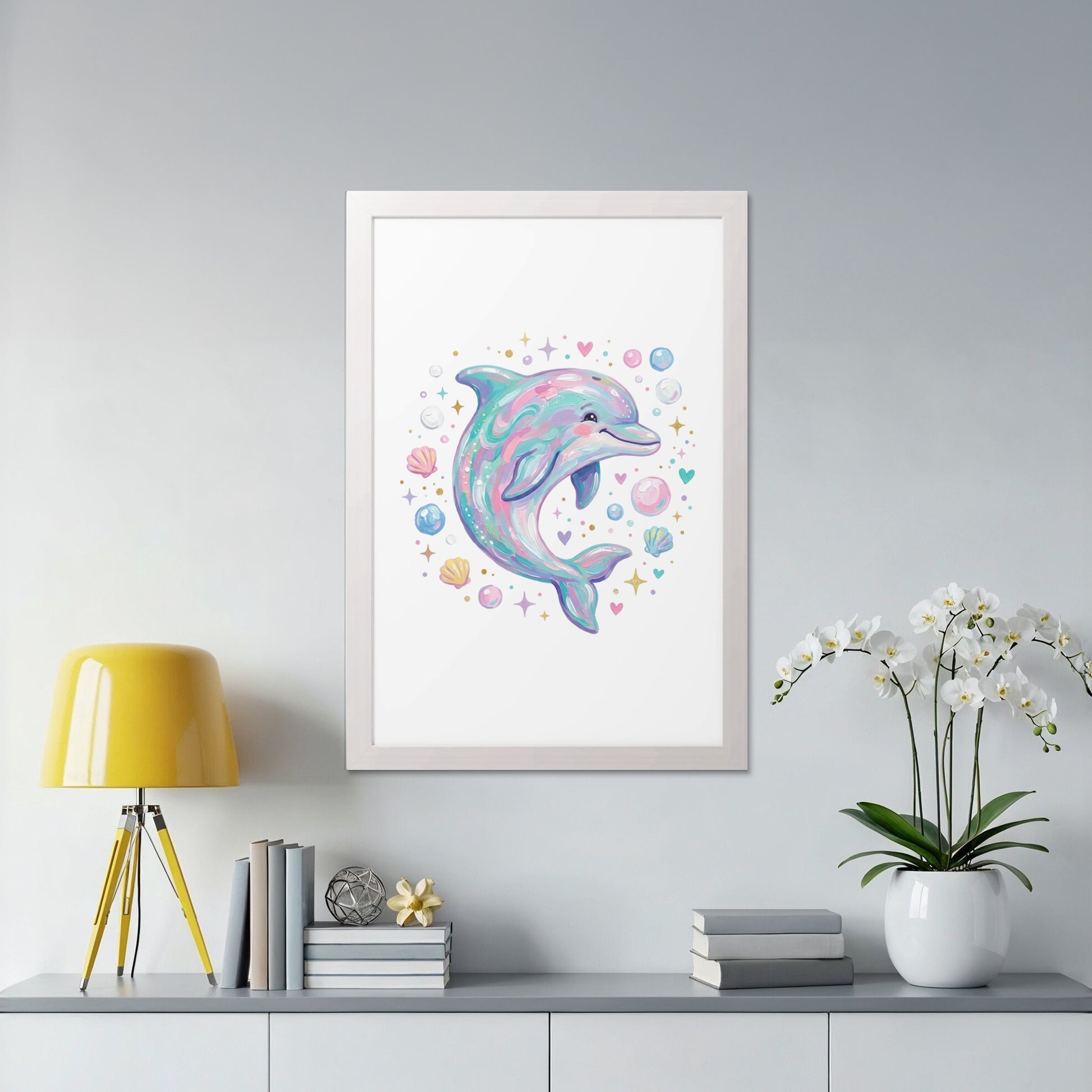 Whimsical dolphin with bubbles and shells in a white frame.