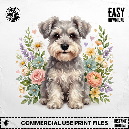 Miniature Schnauzer with flowers, "Easy Download" and "Commercial Use Print Files".